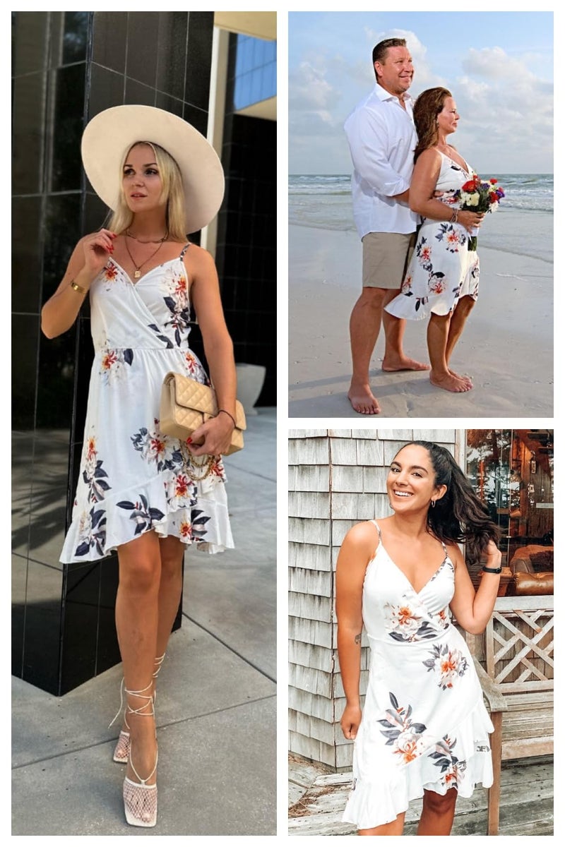 ULTRANICE Womens Summer Dresses Sundresses Spring Trendy White Floral Flowy Wrap Casual Beach Wedding Guest Vestidos Vacation Outfits Clothes V Neck Spaghetti Strap Midi Dress(White Floral,M) - Image 3